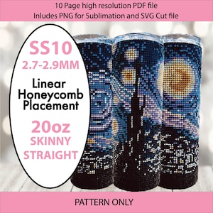 Op de afbeelding: Een digitaal downloadpatroon voor een 20 ounce slanke rechte tumbler met een lineaire honingraatplaatsing. Het patroon is voor een ontwerp met een Starry Night-thema met een kralengrootte van 2,7-2,9 mm. Het patroon is gemarkeerd met "SS10".