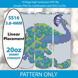 May include: Three 20oz skinny straight tumblers with pixelated designs in blue, green, and white. The tumblers have a repeating pattern. The image includes text that says "10 Page high resolution PDF file" and "PATTERN ONLY".