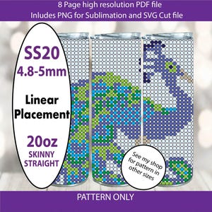 May include: Three 20oz skinny straight tumblers with a pixelated design in blue, green, and white. The tumblers have a repeating pattern. The image includes text that says "SS20 4.8-5mm Linear Placement 20oz Skinny Straight" and "See my shop for pattern in other sizes."