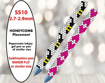 May include: Two pens with honeycomb patterns. One pen has a black, white, and yellow design, and the other has a pink and white design. The image includes text that reads "SS10 2.7-2.9mm" and "PATTERN ONLY."