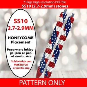 Könnte beinhalten: Zwei Stifte, verziert mit roten, weißen und blauen Perlen in einem Wabenmuster. Die Stifte sind für SS10 (2,7-2,9 mm) Steine konzipiert. Das Bild enthält den Text "PATTERN ONLY".