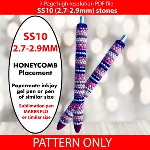 May include: Two pens decorated with small, colourful beads in shades of purple, pink, and blue. The pens have silver tips and dark purple tips. The image includes text that reads "SS10 2.7-2.9MM HONEYCOMB Placement".