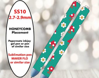 May include: Two teal pens with a repeating pattern of white daisies and red mushrooms. The pens are labeled with text that reads "SS10 2.7-2.9mm" and "Honeycomb Placement". The image also includes the text "PATTERN ONLY".