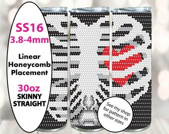 May include: A digital pattern for a 30oz skinny straight tumbler featuring a black and white zebra print with a red heart. The pattern is designed for use with 3.8-4mm beads and includes instructions for linear honeycomb placement. The text "SS16 3.8-4mm Linear Honeycomb Placement 30oz Skinny Straight" is displayed on the left side of the image. The text "See my shop for pattern in other sizes" is displayed on the right side of the image.