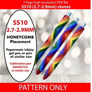 May include: Three pens with rainbow-colored beadwork. The pens have red tips and silver accents. The image includes text that says "SS10 2.7-2.9MM HONEYCOMB Placement" and "PATTERN ONLY".