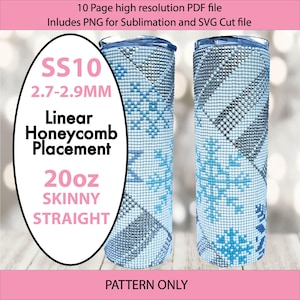 May include: A digital download pattern for a 20 ounce skinny straight tumbler with a snowflake design. The pattern is for use with 2.7-2.9 mm rhinestones and includes 10 pages of high resolution PDF files, PNG files for sublimation, and SVG cut files. The pattern is called "SS10 Linear Honeycomb Placement".