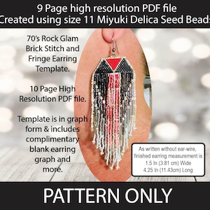 May include: A beaded earring with a 70's Rock Glam design. The earring features a black, red, and white geometric pattern with fringe. The finished earring measurement is 1.5 inches (3.81 cm) wide and 4.25 inches (11.43 cm) long. The image also includes text.