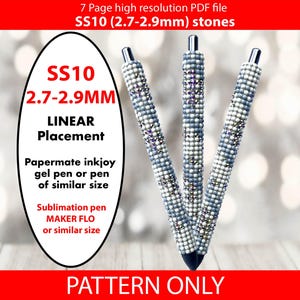 May include: Three silver pens with a linear placement of small, clear, and blue stones. The stones are approximately 2.7 to 2.9 millimetres in size. The image includes the text "SS10 2.7-2.9MM LINEAR Placement Papermate inkjoy gel pen or pen of similar size Sublimation pen MAKER FLO or similar size PATTERN ONLY".
