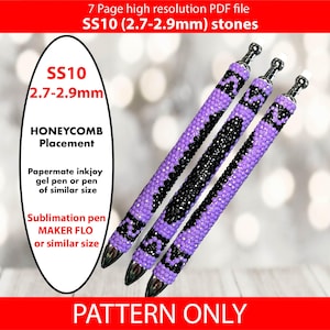 May include: Three pens with purple and black rhinestone designs. The pens are decorated with SS10 (2.7-2.9mm) stones. The image includes text that says "PATTERN ONLY" and details about the pen design.