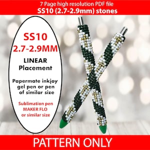 May include: Two beaded pens with green, white, and gold beads in a crisscross pattern. The pens have silver tips and green tips. The image includes text that reads "SS10 2.7-2.9MM" and "PATTERN ONLY".