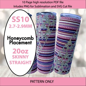 May include: Two 590ml skinny straight tumblers with a honeycomb pattern. The tumblers are decorated with small, colourful beads in shades of pink, purple, and white. The design includes geometric shapes and horizontal stripes. The image also includes text: "PATTERN ONLY".
