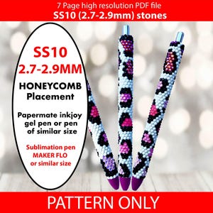 May include: Three embellished pens with a leopard print design. The pens are decorated with white, pink, and black stones. The image includes text that reads "SS10 2.7-2.9MM HONEYCOMB Placement" and "PATTERN ONLY".