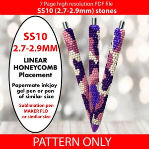 Puede incluir: Tres bolígrafos con cuentas, puntas plateadas y patrones de cuentas moradas, rosas y blancas. La imagen incluye el texto "SS10 2.7-2.9MM" y "PATTERN ONLY". Los bolígrafos están diseñados para bolígrafos de gel Papermate inkjoy o similares.