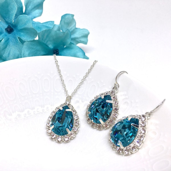 Aqua Blue Prom Jewelry Set | Backdrop Necklace | Turquoise Blue Pear Shaped Halo Necklace and Earrings | Glam Evening Jewelry | Sarina