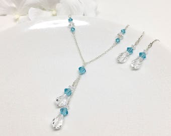 Turquoise Blue Jewelry Set | Lariat Necklace | Mother of the Bride Jewelry | Light Turquoise Swarovski Crystal Necklace Earrings | Stacey