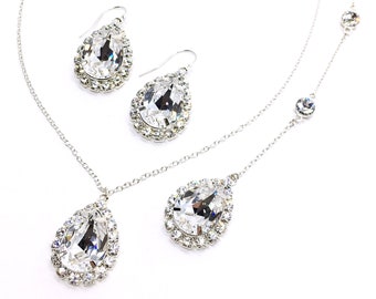Sieradenset voor kerstfeest | Achtergrondketting | Druppelstrass | Zirkonia | Sprankelende sieraden |  Peervormige halo-instelling | Sarina