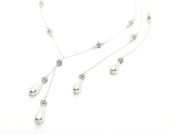 Lariat Pearl Necklace With Backdrop | Unique Bridal Jewelry for Wedding | 2 Strand Back Drop Necklace | Open Back Dress Necklace | Zarah