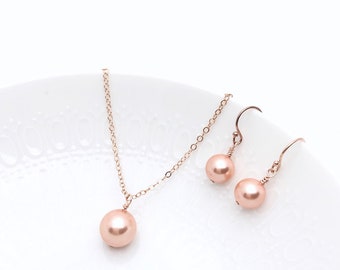 Rose Peach Jewelry | Rose Gold Filled Chain Earwires | Bridesmaid Jewelry | Swarovski Pearl Necklace Earrings | Orange Coral | Prom | Grace