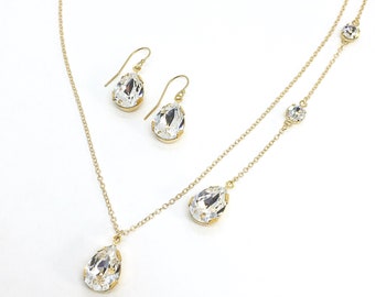 Gold Backdrop Necklace and Earrings | Swarovski Crystal Drop Necklace | Teardrop Pear Shaped Rhinestone Pendant | Gold Jewelry Set | Celina