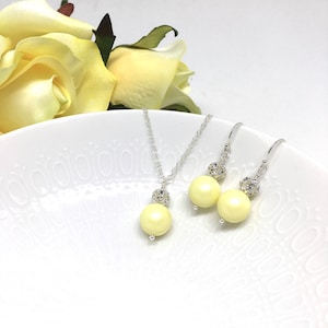 Yellow Jewelry Set | Light Yellow Necklace Earrings | Pastel Yellow Bridesmaid Jewelry | Swarovski Pearl Sterling Silver | Wedding | Hannah