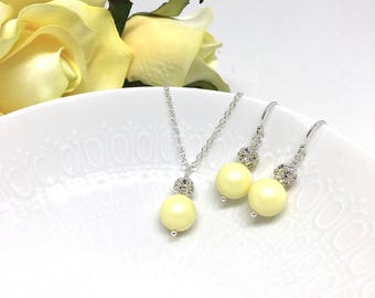 Yellow Jewelry Set | Light Yellow Necklace Earrings | Pastel Yellow Bridesmaid Jewelry | Swarovski Pearl Sterling Silver | Wedding | Hannah