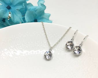 Cubic Zirconia Bridesmaid Jewelry Set | Swarovski Solitaire Pendant Necklace and Earrings | Sterling Silver | Clear CZ | Rhinestone | Davina