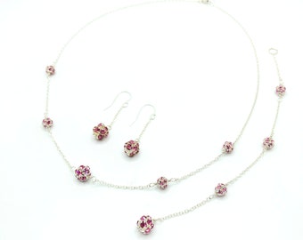 Sparkly Pink Prom Jewelry Set | Dainty Floating Crystal Pave Ball Backdrop Necklace and Earrings | Bridesmaid | Sterling Silver | Camryn