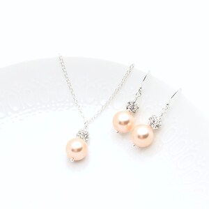Peach Jewelry Set | Pendant Necklace Earrings | Bridesmaid Jewelry | Swarovski Pearl Sterling Silver | Flower Girl | Wedding Party | Hannah