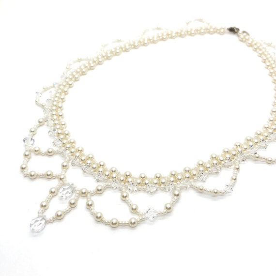 Antique Look | Statement Necklace | Ivory Pearl Beaded Bridal Necklace Set | Wedding Day Jewelry | Swarovski Pearl and Crystal |Trinette