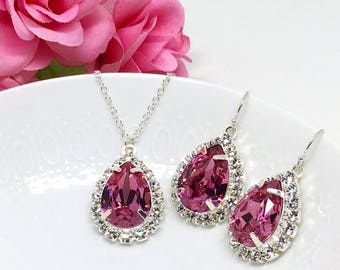 Roze statementketting met achtergrond | Druppelvormige halo | Roze baljuweel | Kwaliteit Swarovski-kristal sterlingzilver | Bruidsmeisje | Sarina