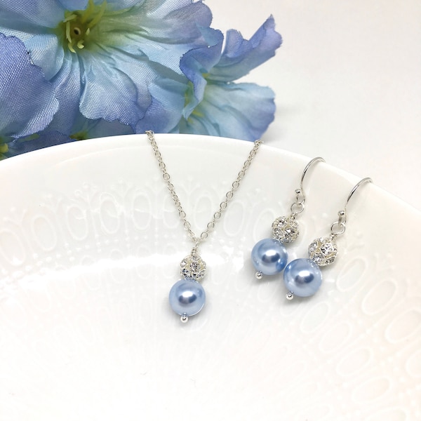 Light Blue Jewelry | Prom Jewelry | Blue Pearl Necklace Earrings | Baby Blue Pearl | Sparkly Pave Crystal Ball | Spring Jewelry | Hannah