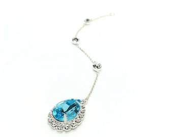 Something Blue Gift For Bride | Back Necklace ATTACHMENT | Aqua Bohemica Preciosa Pear Crystal | Halo Setting | Sterling Silver | Sarina