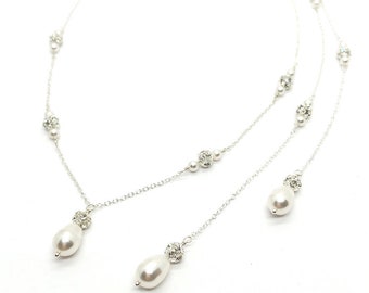 Unique Bridal Jewelry | Backdrop Necklace Wedding | Drop Pearl Sparkly Necklace Earrings Bracelet | 2 Strand | Double Back Drop | Rachel