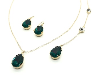 Emerald Backdrop Necklace and Earrings | Gold Chain | Emerald Green Drop Necklace | Teardrop Pear Shaped Pendant | Gold Jewelry Set | Celina