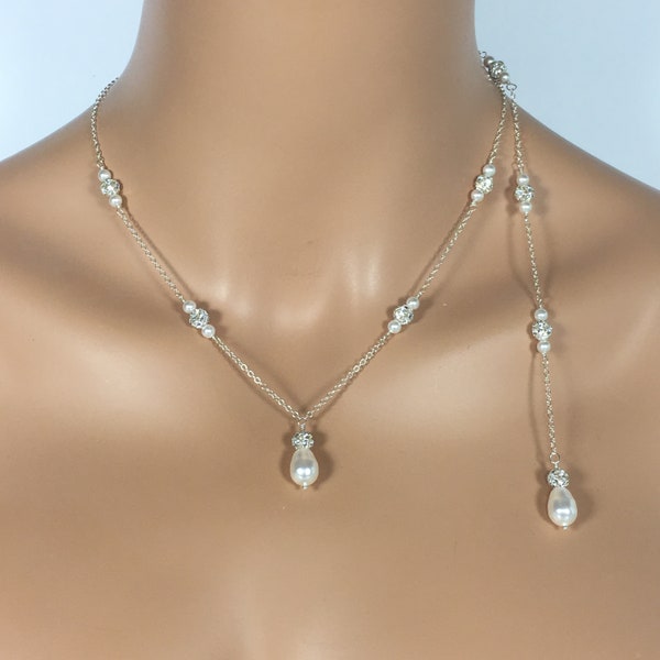 Backdrop Necklace Wedding | Pearl and Rhinestone Brides Necklace Set | Sparkly Pearl Bridal Jewelry | Teardrop Pearl Back Necklace | Rachel