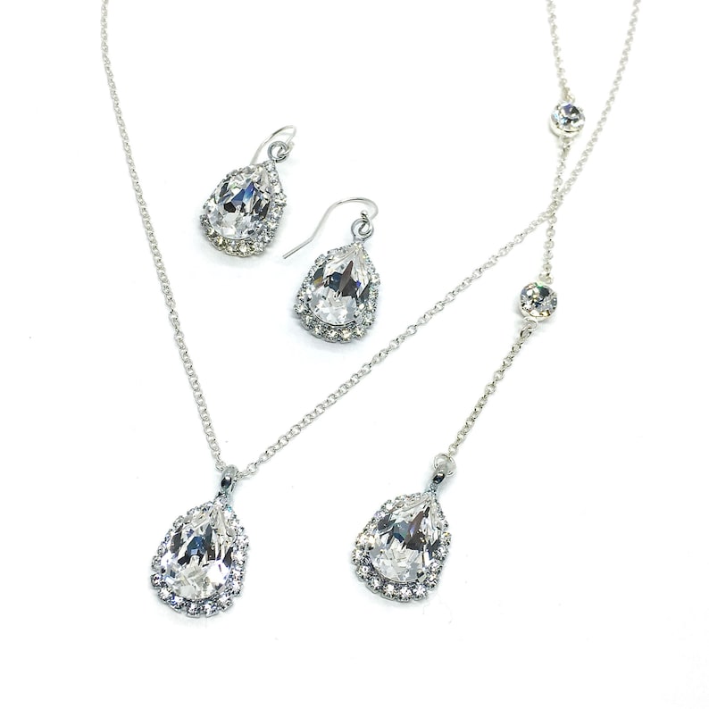 Glamorous Low Back Necklace Sarina Backdrop Necklace For Prom Pear Crystal Teardrop Halo Rhinestone Formal Evening Bling Jewelry Set