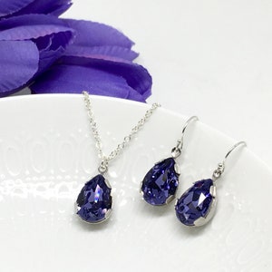 Purple Necklace Earrings | Pear Shaped Pendant | Tanzanite Swarovski Crystal | Sterling Silver | Purple Bridesmaid Jewelry | Prom | Celina
