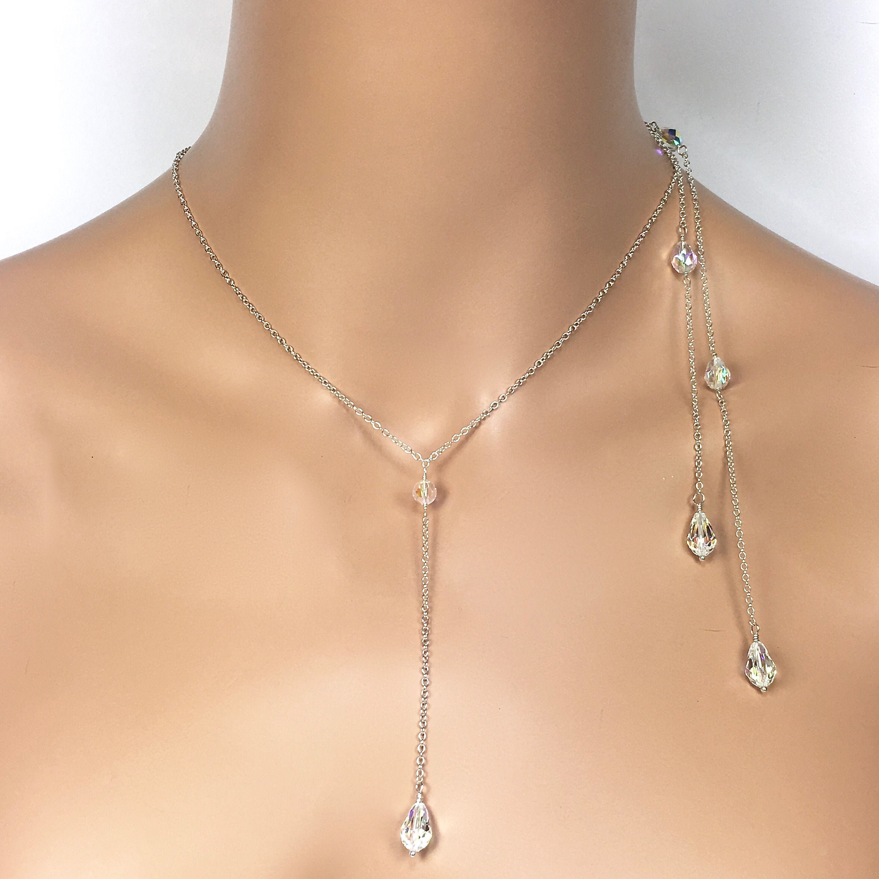 Y Necklace Silver Raindrop Backdrop Necklace and Earrings