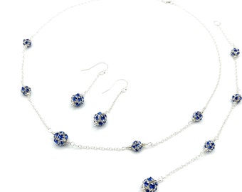 Sparkly Sapphire Necklace | Blue Prom Jewelry Set | Floating Crystal Backdrop Necklace Earrings | Bridesmaid | Sterling Silver | Camryn