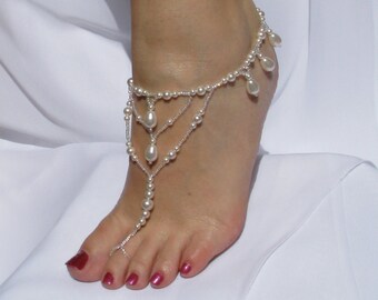 Barefoot Sandal | White Pearl Wedding Foot Jewelry | Destination Wedding Gift for Bride | Bridal Sandals Pearl Bridal Anklet
