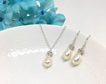 Ivory Pearl Jewelry Set | Drop Pearl Bridesmaid Jewelry Under 30 | Ivory Teardrop Pearl Pave Ball | Flower Girl Necklace Earrings | Rachel