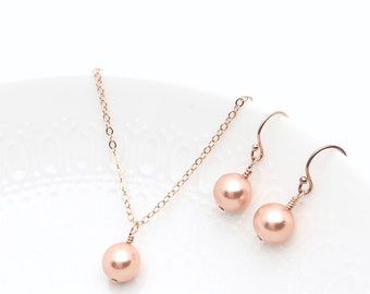 Rose Peach Necklace Earrings | Rose Gold Filled Chain Earwires | Bridesmaid Jewelry | 8mm Swarovski Pearl | Orange Coral | Prom | Grace