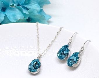 Aqua blau Schmuck | Qualität Brautjungfer Halskette Ohrringe | Türkis Blau Teardrop Swarovski Kristall | Birnenförmiger Anhänger | Celina