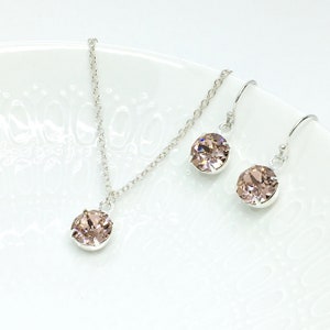 Morganite Dusty Rose Pink Champagne Bridesmaid Jewelry | Swarovski Crystal Solitaire Pendant Necklace Earrings Backdrop Necklace | Davina