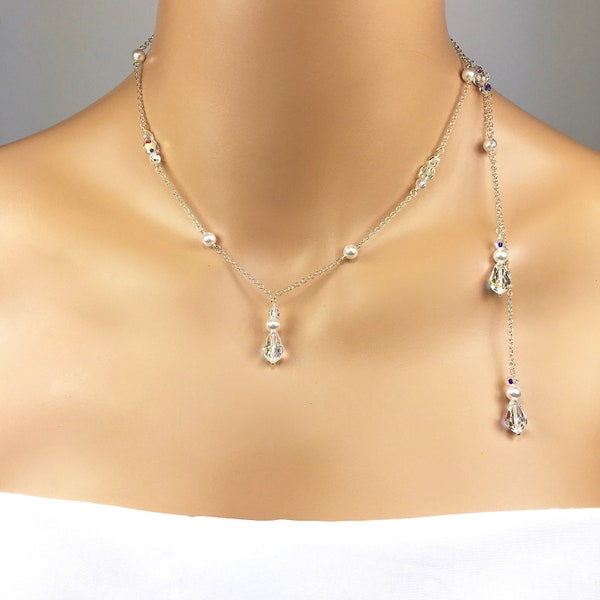Perlen und Kristall Doppelkulisse Halskette Set | BrautRücken Tropfen Halskette | Swarovski Tropfen Kristall und Perlen Braut Schmuck | Tamira