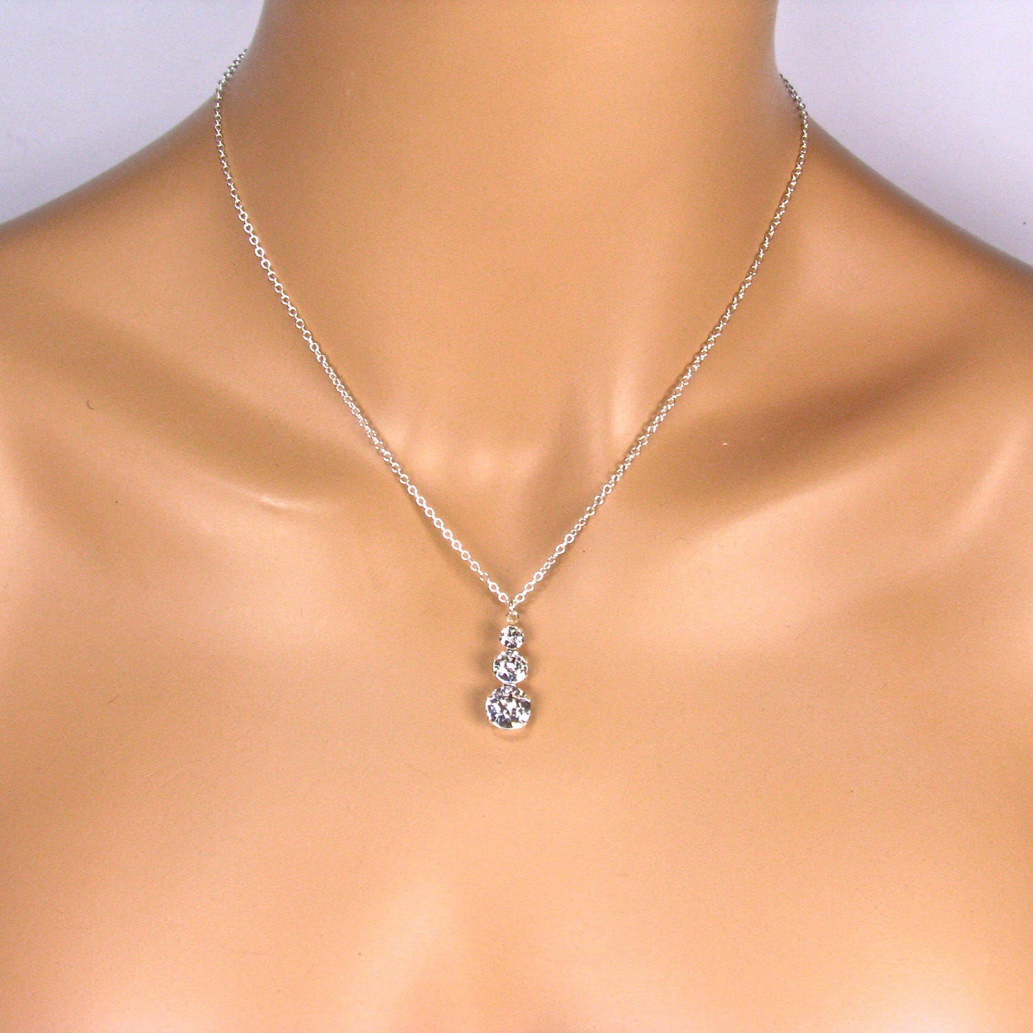 3 Stone Prom Necklace Set Minimalist Cubic Zirconia Three Stone Pendant Sterling Silver Swarovski Crystal Optional Backdrop Demetria