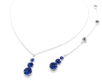 Blue Bridal Jewelry | Sapphire Necklace | Something Blue | Backdrop Necklace | 3 Stone Pendant | Wedding Day Jewelry | Swarovski | Demetria