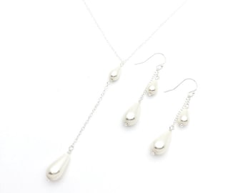 Long Pearl Y Necklace | Lariat Style Drop Pearl Choker Necklace | Teardrop Pearl | Sterling Silver | Minimalist | Prom Jewelry | Aurelia