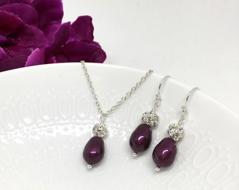 Wine Colored Jewelry | Fall Wedding | Sparkly Teardrop Pearl Bridesmaid Necklace Earrings | Burgundy | Quality Sterling Silver | Rachel