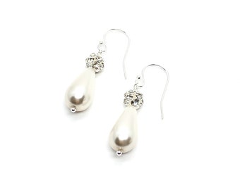Teardrop Pearl Bridal Earrings | Drop Pearl and Pave Rhinestone Wedding Jewelry | Sparkly Crystal Ball Earrings and Necklace Set | Zarah